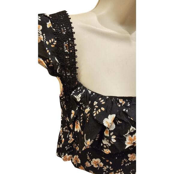 Free People Top Bijou Square Neck Floral Ruffle Sleeve Shoulder Tie Size 8 boho - Picture 3 of 9